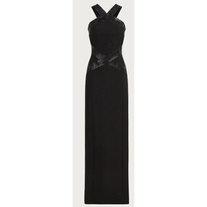 NWT Halston $575 BlackCrepe Gown Joyce Maxi Crystal Trim Dress  Sz 2